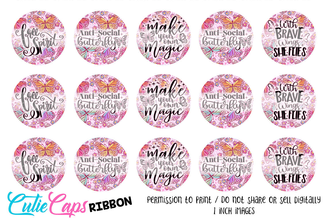 BUTTERFLIES Pink BCI, 1" BUTTERFLY QUOTES Bottle cap images