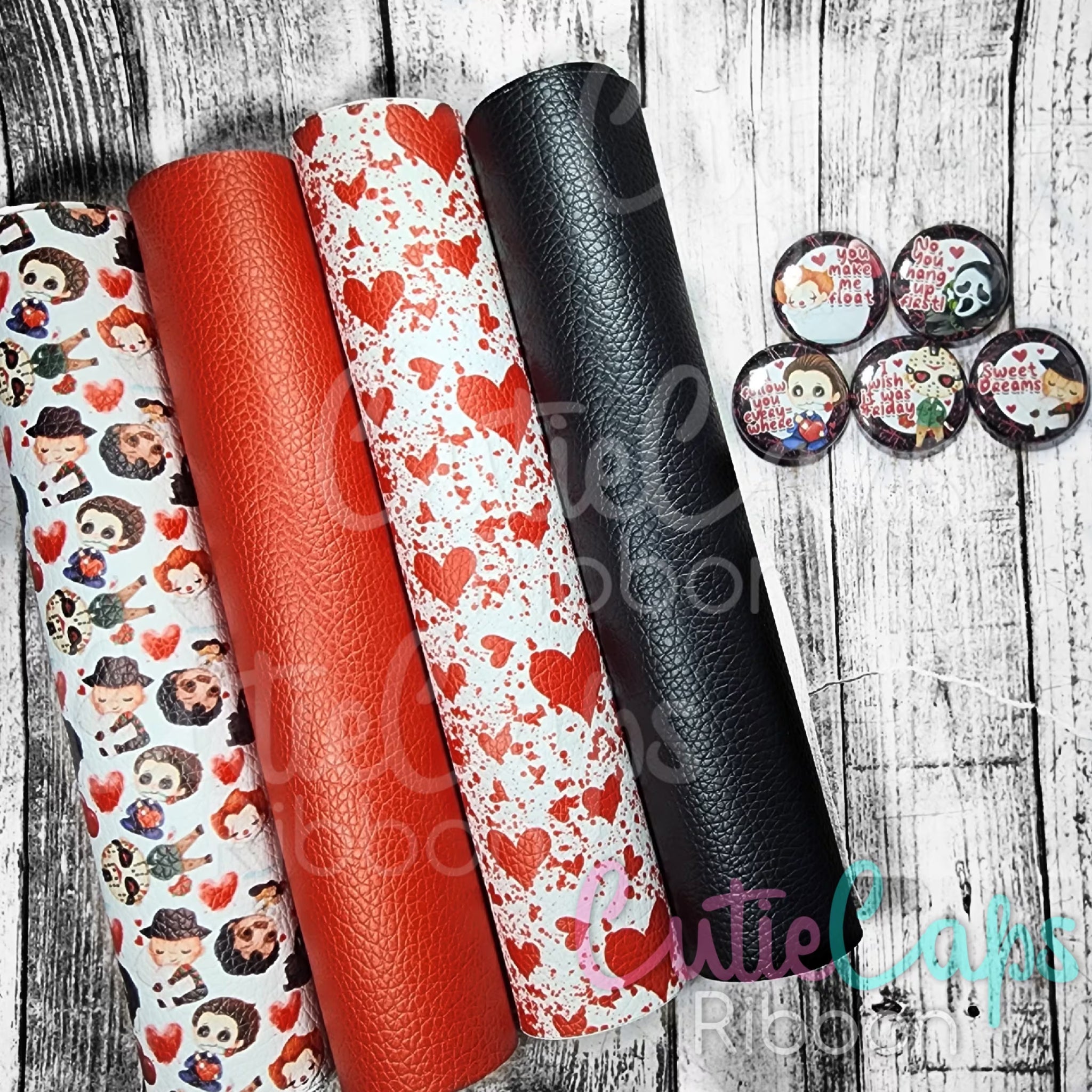 Valentine Chibi Horror Faux Leather Kit. Includes half a sheet of each style as pictured with 1 set of 5 one inch flatbacks