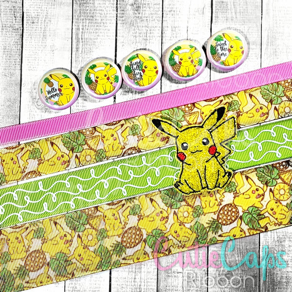 Pika Pineapple Summer Ribbon Bundle. Includes 2 yards of each ribbon design as pictured with 5 flatbacks and 1 feltie