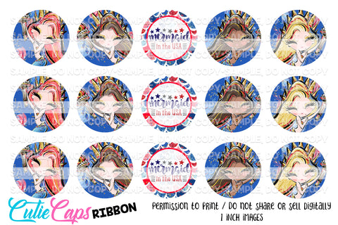 Patriotic Mermaid, 1" Bottle cap images